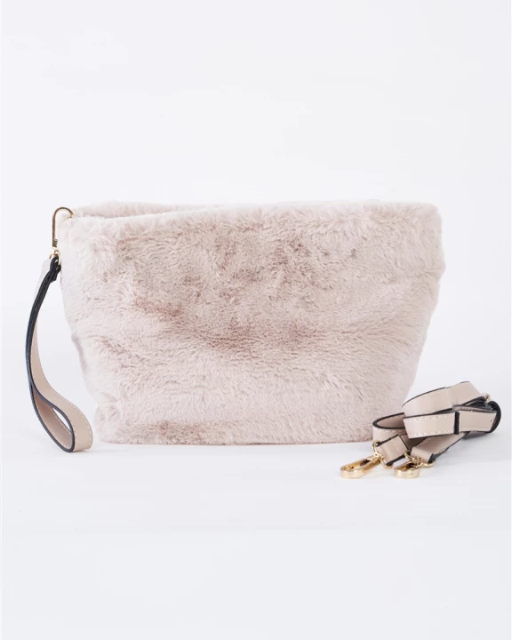 Ivory Faux Fur Hidden Magnetic Snap Button Closure Crossbody Bag / Clutch With Hidden Hand Strap Loop / 1 Bag