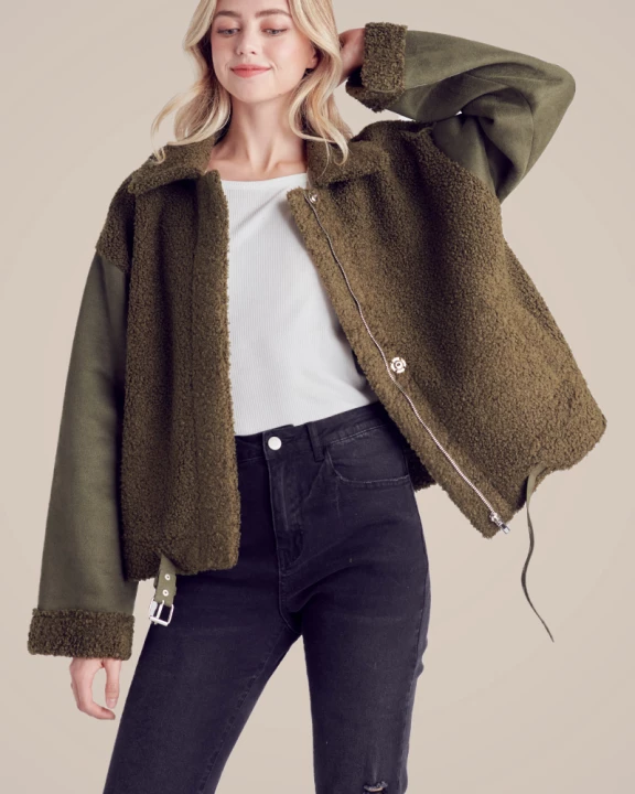 Buckle Bottom Suede Sherpa Fleece Jacket