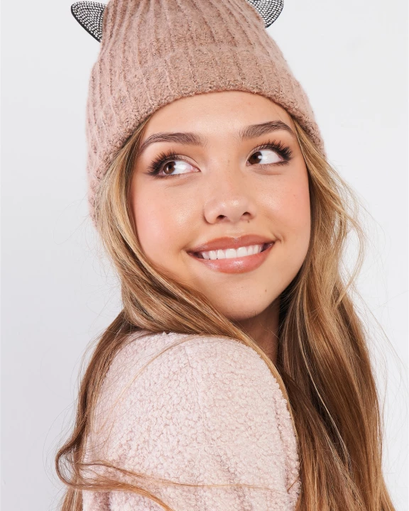 Pink Rhinestone Cat Ears Glitter Woven Knit Beanie /1 piece