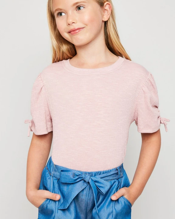 Girls Ruched Puff-Sleeve Knit Top