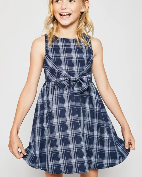 Girls Plaid Fit and Flare Bow Dress