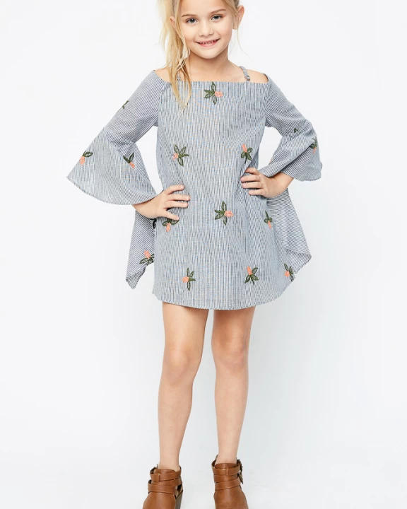 Girls Embroidered Stripe Cold Shoulder Dress