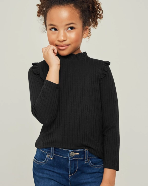 Girls Ribbed Long Sleeve Ruffle Mock Neck Top