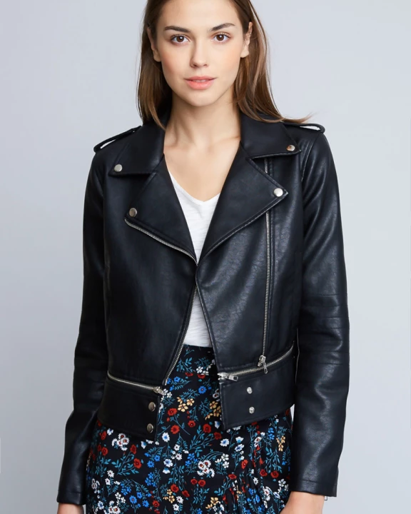 Womens Cropped Faux Leather Moto Jacket