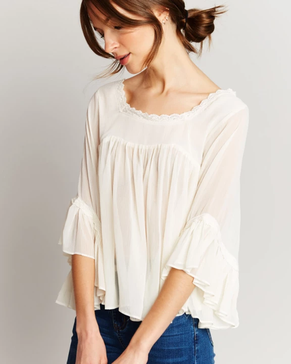 Womens Sheer Ruffle Lace Bell-Sleeve Top