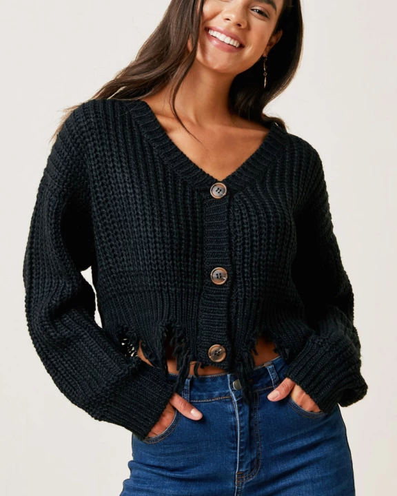 Womens Distressed Hem Button-Down Cropped Cardigan