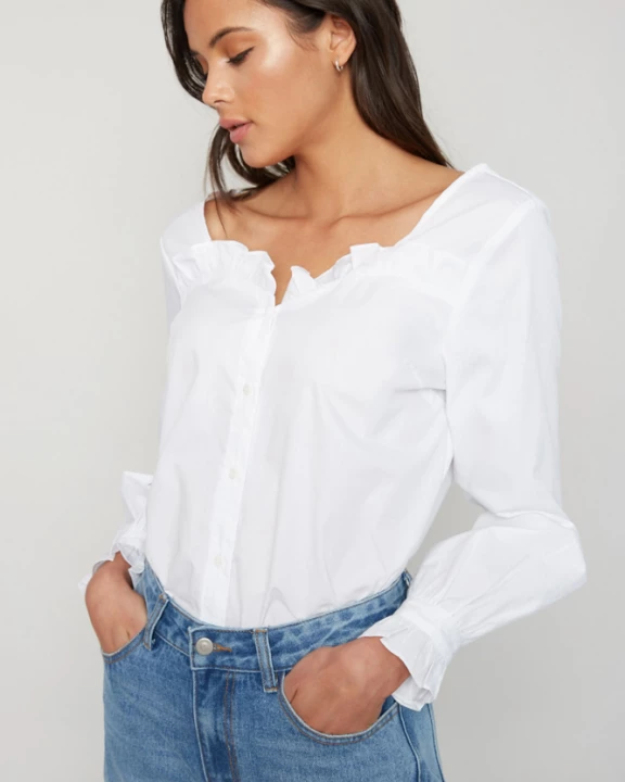 Womens Button Down Ruffle Trim Top