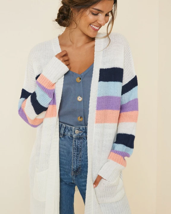 Womens Stripe Pocket Cardigan Sweater