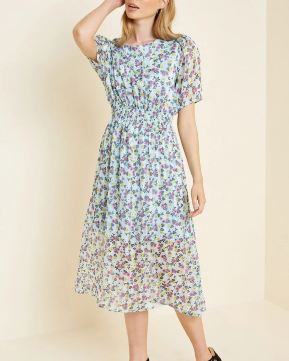 Womens Sheer Floral Smock Waist Midi Dress