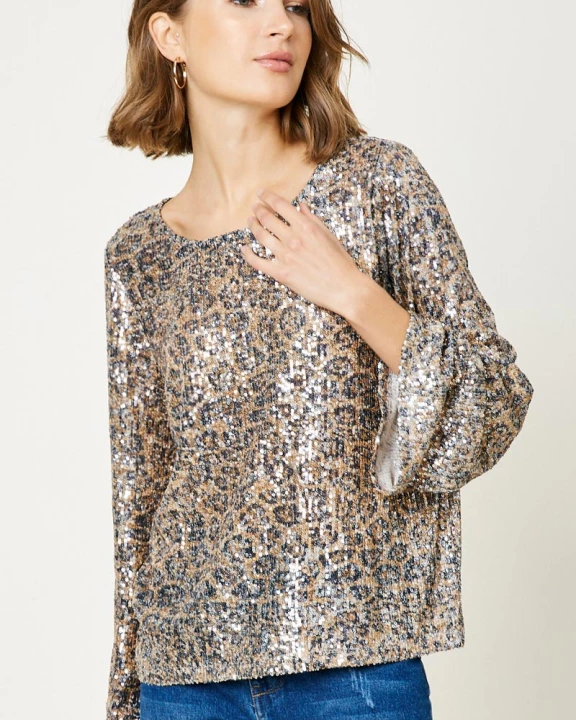 Womens Leopard Sequin Bell Sleeve Top