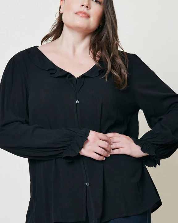 Plus Plunging Ruffle Button-Down Top