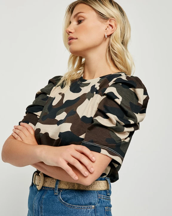 Womens Camo Puff Sleeve Top