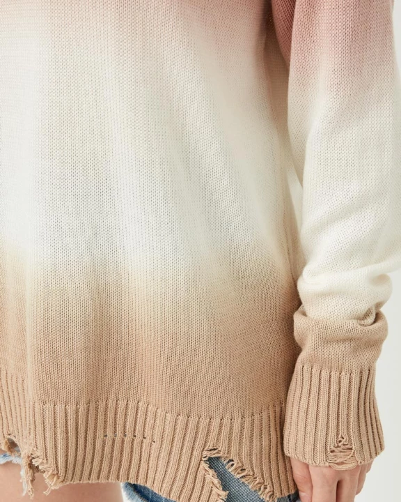 Womens Ombre Dye Distressed V Neck Sweater