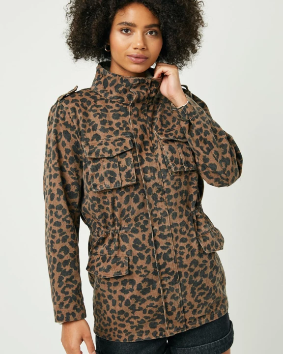 Womens Leopard Drawstring Cargo Jacket