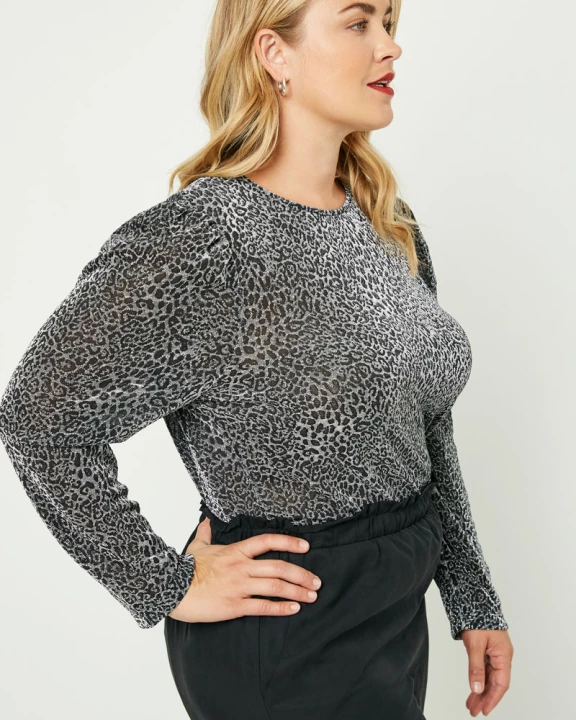 Plus Gathered Shoulder Metallic Leopard Top