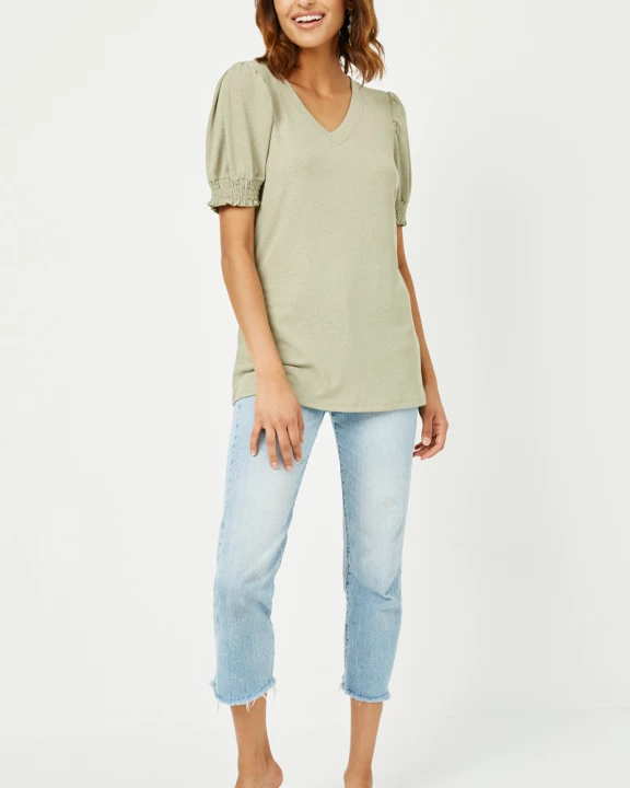 Womens Puff Smock Sleeve V Neck Top