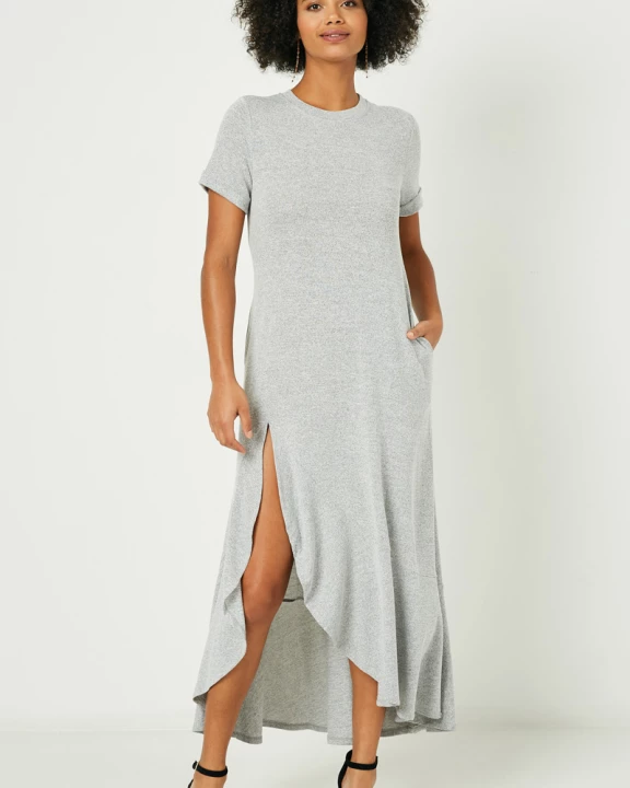 Womens Ruffled Slit Knit Maxi T Shirt Dress