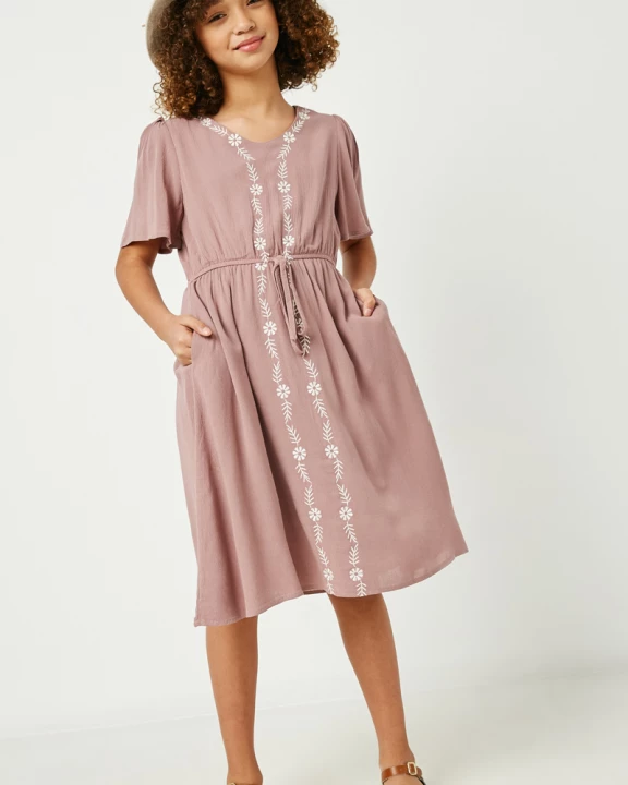 Girls Floral Embroidery Flutter Sleeve Midi Dress