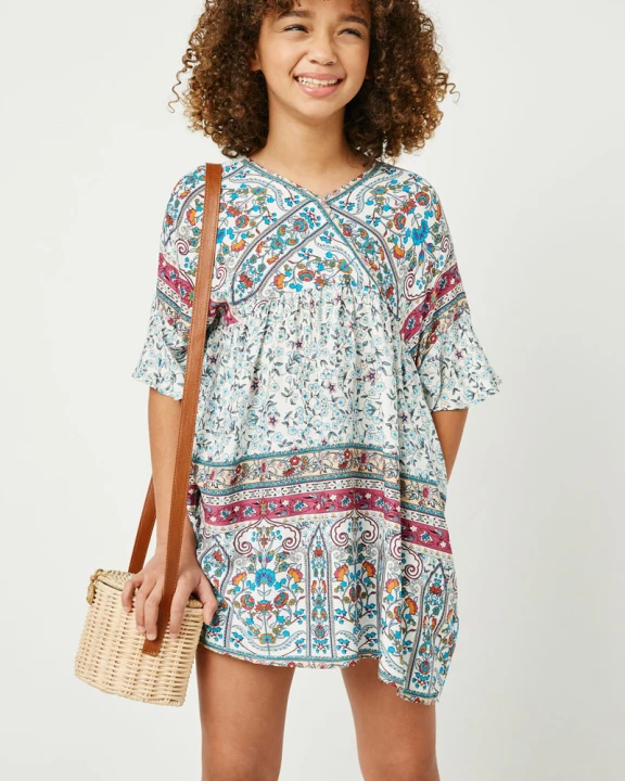 Girls Border Print V Neck Bell Sleeve Tunic
