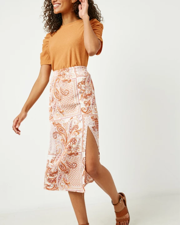 Womens Paisley Print Side Slit Midi Skirt