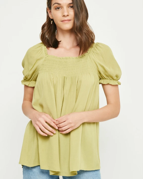 Womens Smocked Tie Neck Puff Sleeve Top
