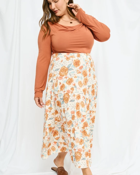 Plus Floral Elastic Waist Midi Skirt