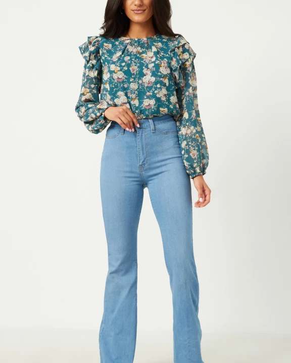 Womens Ruffled Sleeve Floral Long Sleeve Top