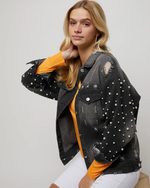 Distressed Pearl Studded Denim Jacket