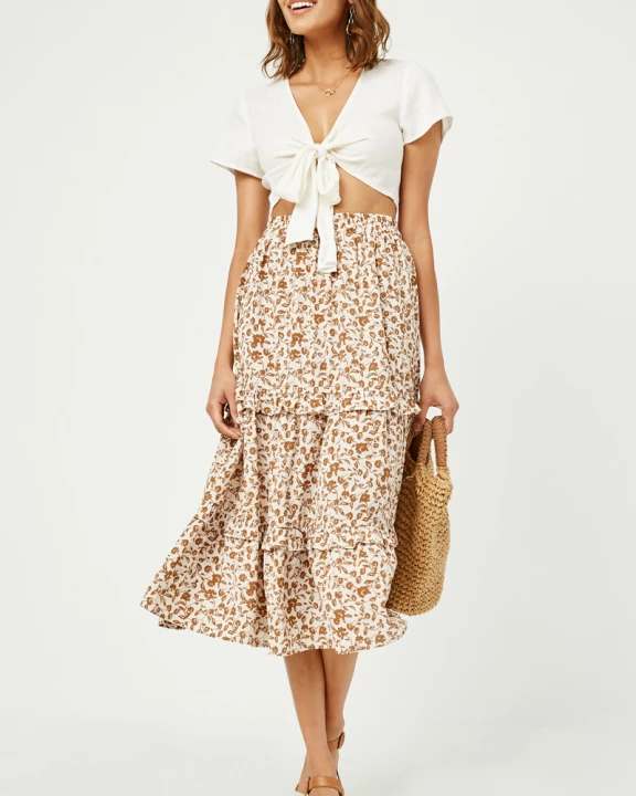 Womens Ruffle Tiered Elastic Waist Midi Skirt