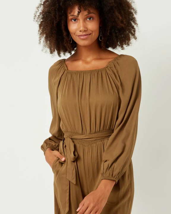 Womens Smocked Waist Long Sleeve Square Neck Jumpsuit with Belt