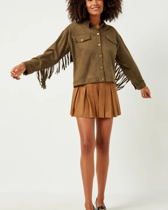 Womens Extended Fringe Suede Work Shacket