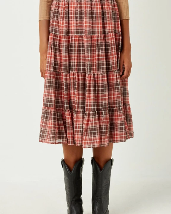 Womens Elastic Waist Tiered Plaid Skirt