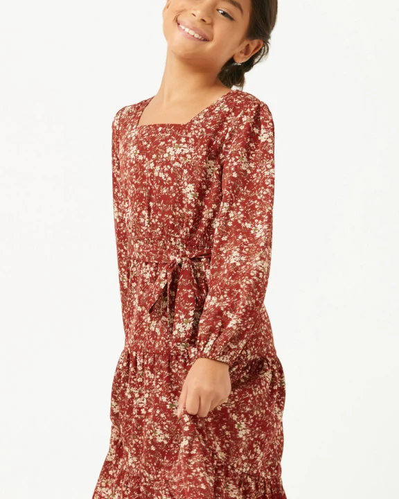 Girls Square Neck Puff Sleeve Belted Dress