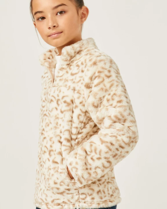 Girls Mock Neck Half Zip Leopard Print Fleece Top