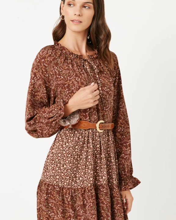 Womens Floral Block Ruffled Tie Neck Long Sleeve Dress