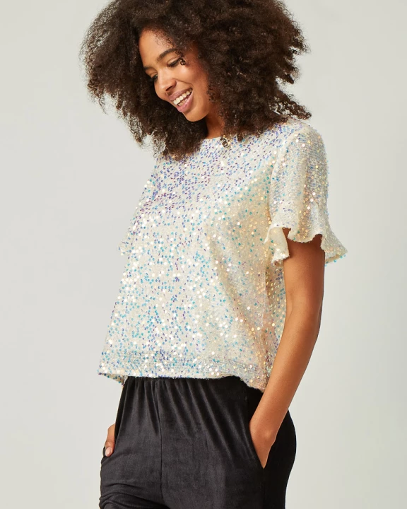 Womens Ruffle Sleeve Scoop Neck Sequin Top