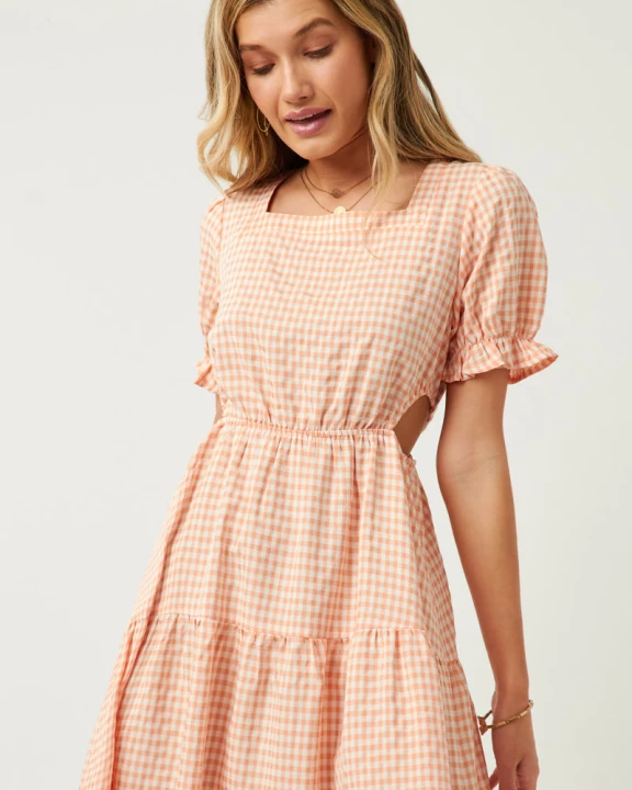Womens Square Neck Side Cutout Tie Detail Gingham Dress