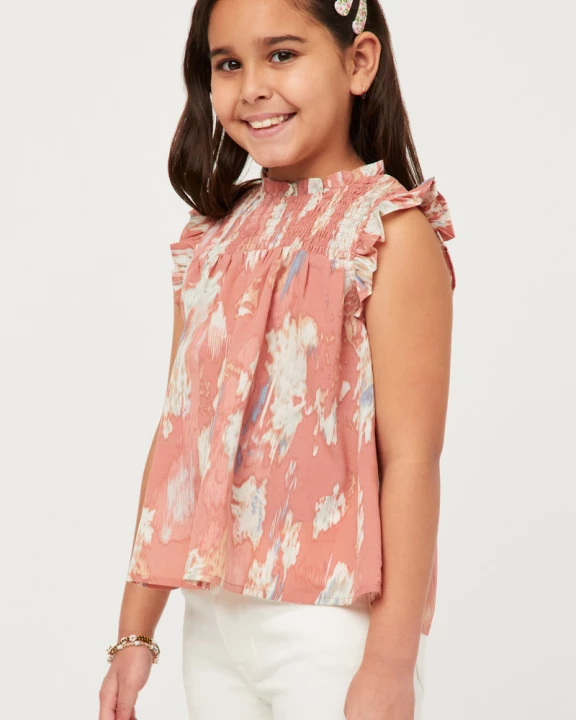 Girls Watercolor Smocked Yoke Ruffled Tank