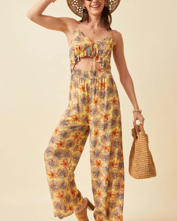Womens Floral Ruffled Cutout Wideleg Jumpsuit