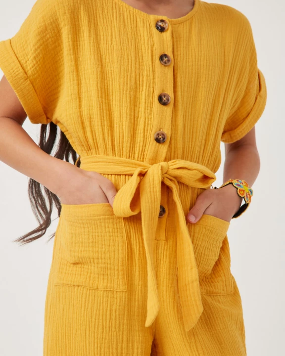 Girls Textured Button Up Belted Jumpsuit