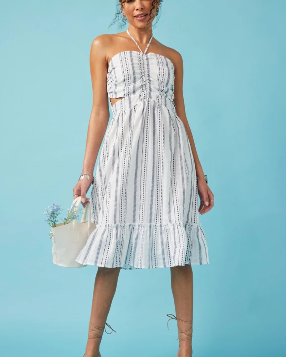 Womens Textured Smock Back Halter Cutout Dress