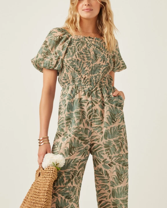 Womens Tropical Leaf Print Smocked Puff Sleeve Jumpsuit
