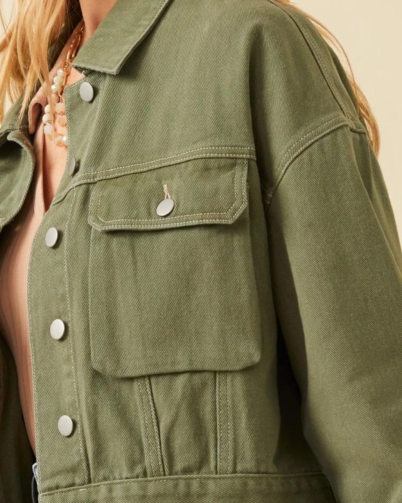 Womens Washed Cargo Pocket Contrast Stitch Colored Denim Jacket
