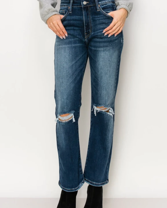 HIGH RISE STRETCH DISTRESSED ANKLE STRAIGHT WITH FRAYED HEM