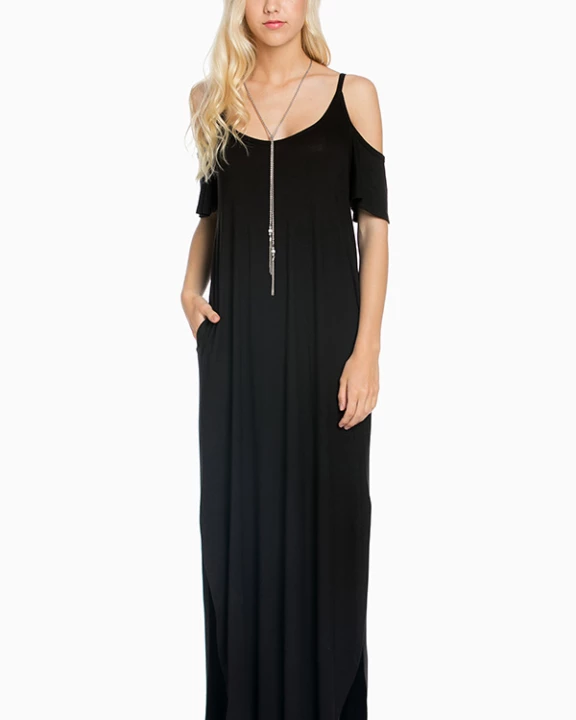 Ruffled Cold-Shoulder Maxi Dress