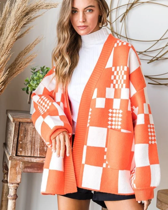 BLOCK CHECK OPEN KNIT CARDIGAN (Plus available) 10-668