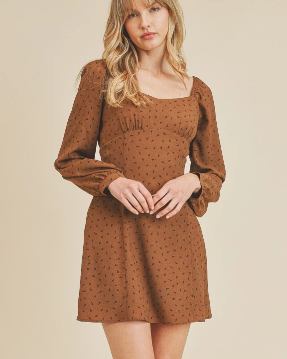 Elastic Shoulder Bust Shirring Long Sleeve Dress