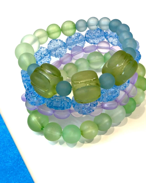 Green Blue & Purple Frosted 'Sea Glass' Stack & Stretch Bracelets Set
