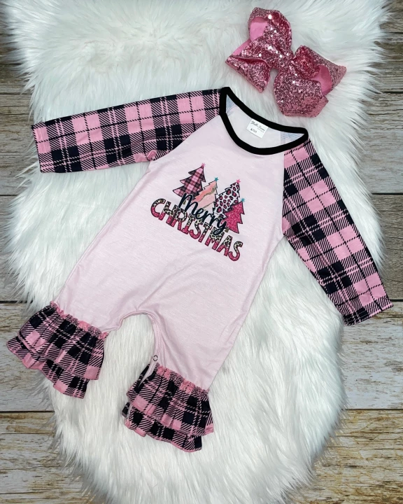 Pink Merry Christmas Plaid Long Sleeve Romper