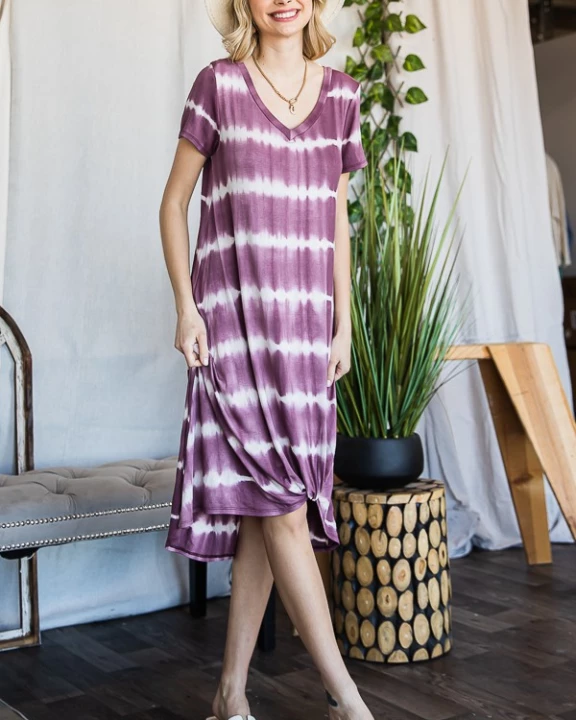 FRONT TWIST SHORT SLEEVE TIE DYE MIDI DRESS